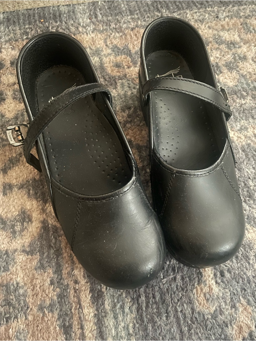 Dansko Black Leather Mary Jane Clog Mules